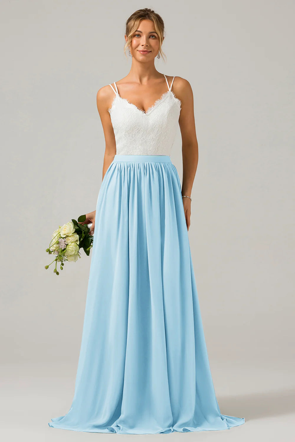 A Line Spaghetti Straps Pleated Long Bridesmaid Dress With Lace