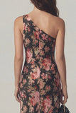 One Shoulder Pink Floral Wedding Guest Dress