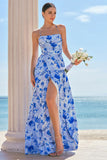 Blue A Line Spaghetti Straps Lace Up Back Long Print Floral Bridesmaid Dress with Slit