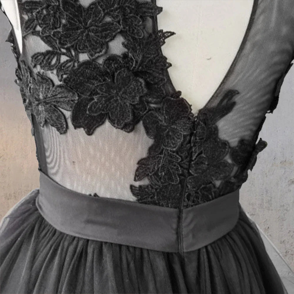 Vintage A Line Black Tulle Wedding Dress with Ruffles