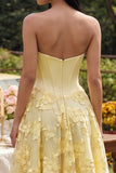 Yellow Sweetheart Floral Corset Wedding Guest Dress