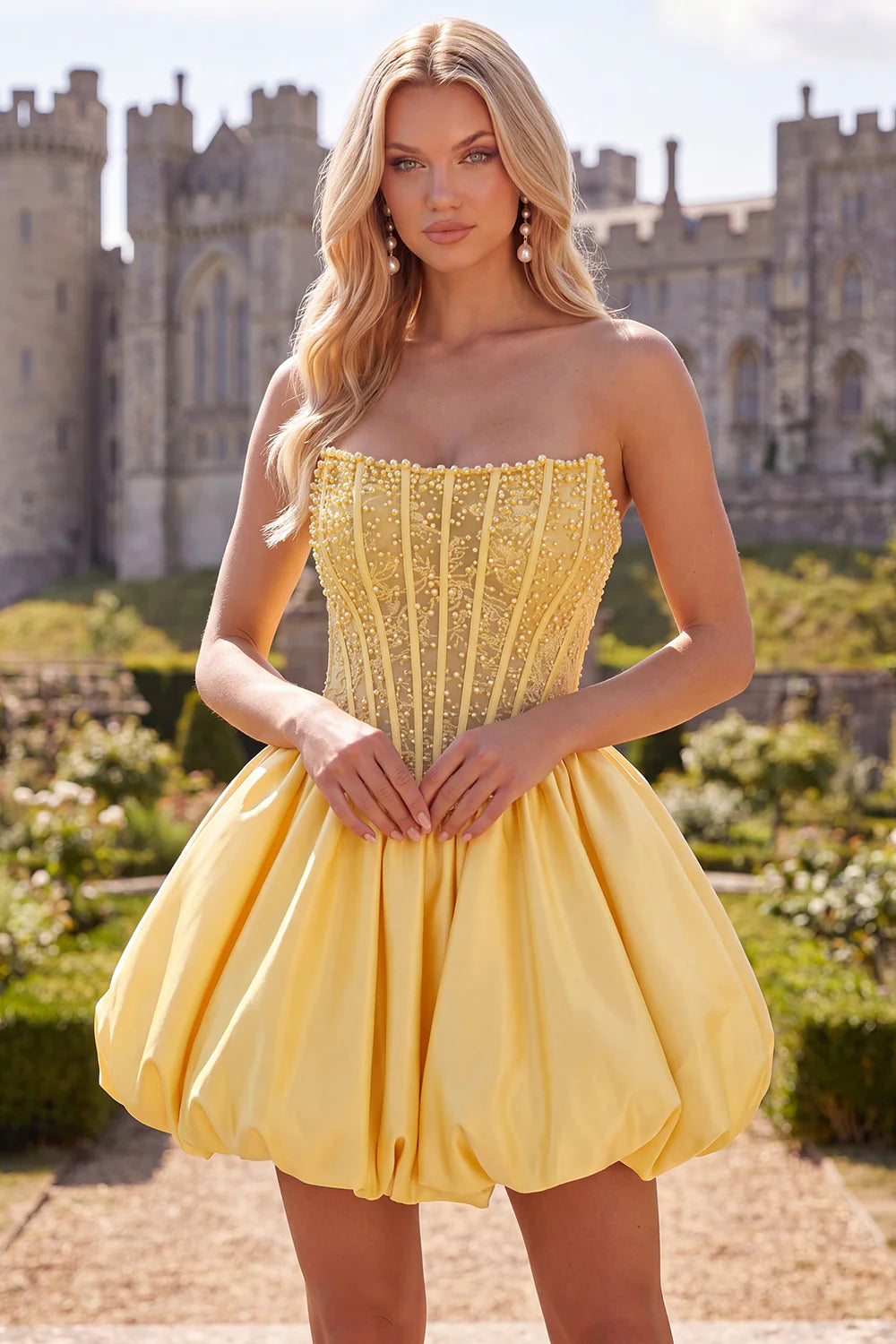Strapless A Line Corset Yellow Homecoming Dress with Pearls