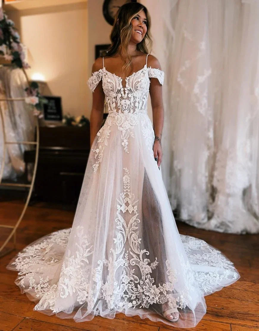 A Line Off The Shoulder Wedding Dress With Appliques And Slit