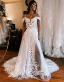 A Line Off The Shoulder Wedding Dress With Appliques And Slit