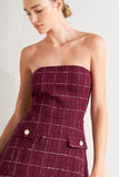 TWEED STRAPLESS MINI DRESS WINE