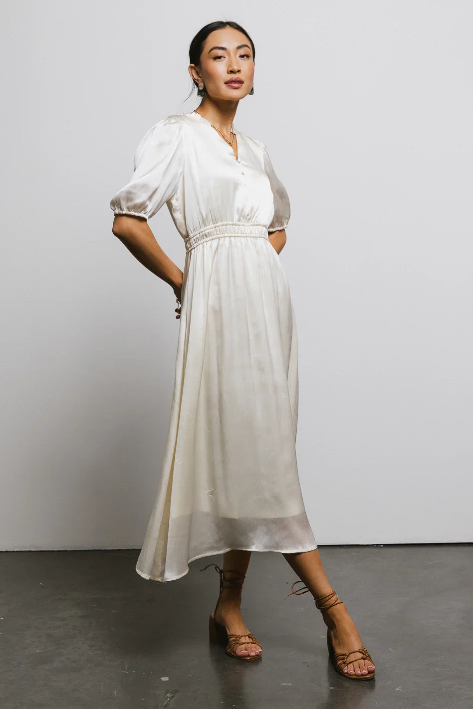 V Neck Satin Midi Dress in Cream