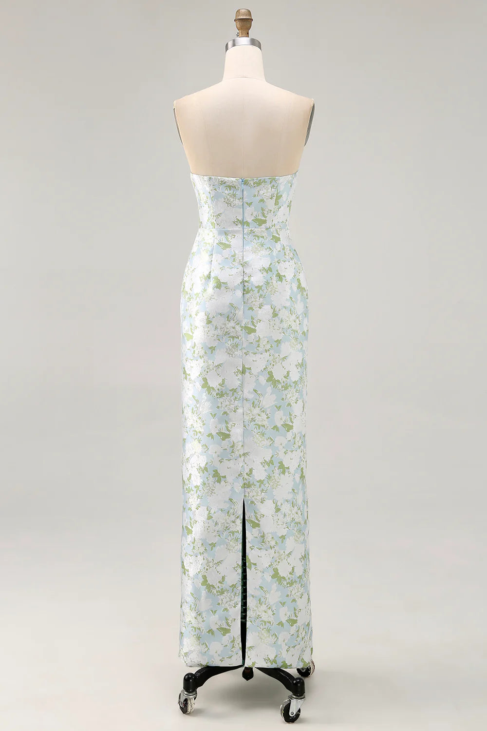 Blue Sheath Strapless White Floral Back Slit Satin Maxi Dress with Pockets