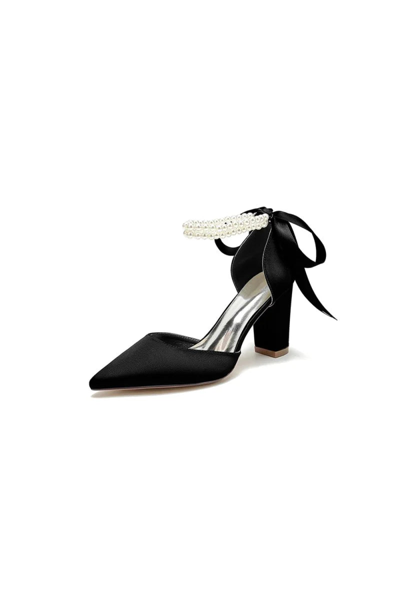 Pointed Toe Pearl Ribbon Ankle Strap Chunky Heel