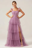 A Line Spaghetti Straps Tiered Floor Length Tulle Purple Bridesmaid Dress