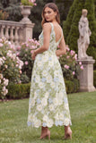 Floral V Neck A Line Sage Wedding Guest Dress