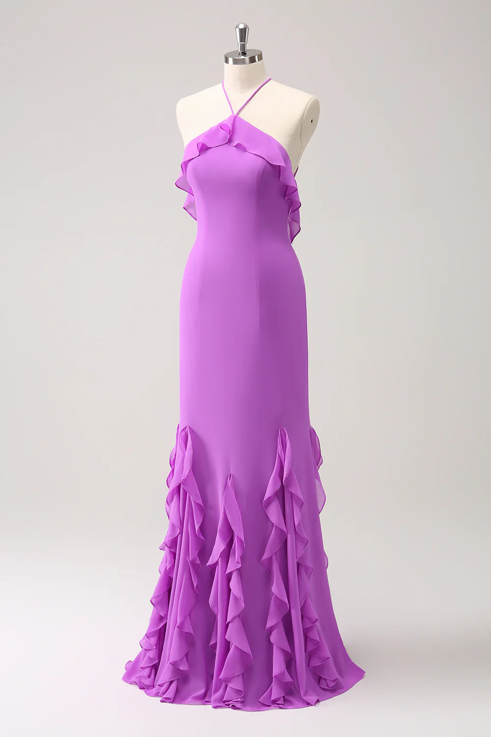 Tahiti Sheath Halter Backless Long Bridesmaid Dress with Ruffles