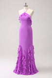 Tahiti Sheath Halter Backless Long Bridesmaid Dress with Ruffles