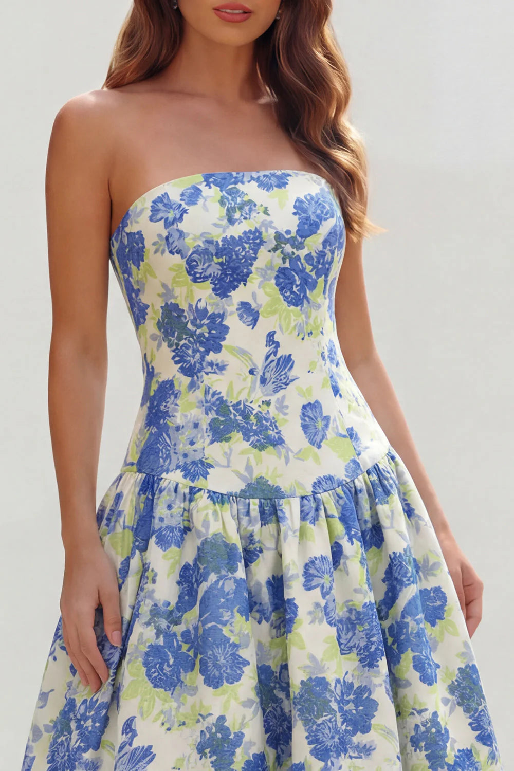 Blue White Flower Printed Strapless A Line Long Wedding Guest Dress