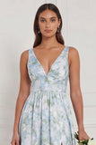 Blue White Flower V Neck A Line Long Bridesmaid Dress with Slit