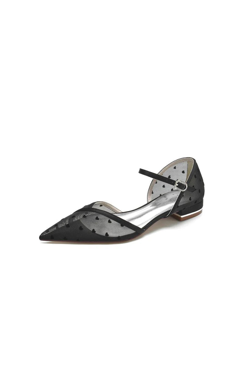 Pointed Toe Strap Buckle Mesh Low Heels