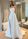 Ball Gown Strapless Sleeveless Sweep Train Satin Wedding Dresses With Split Front