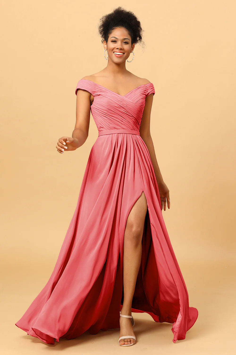 A Line Off the Shoulder Ruched Long Chiffon Bridesmaid Dress with Slit
