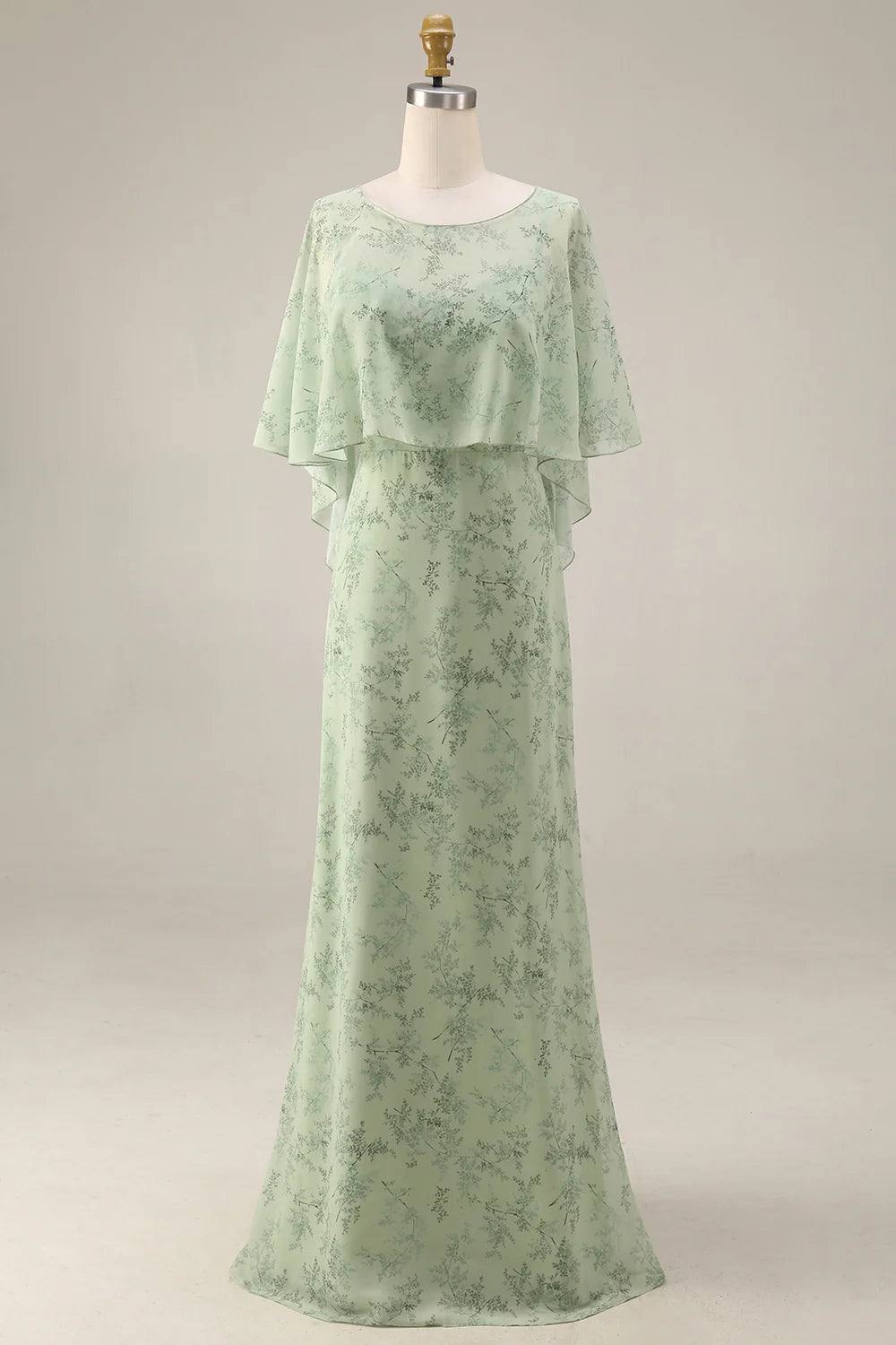 Dusty Sage Floral 2 Piece Chiffon A Line Wedding Guest Dress with Cape