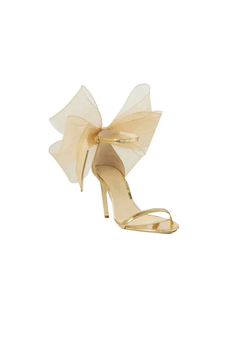 Asymmetric Bow Embellished Satin High Heel Sandals