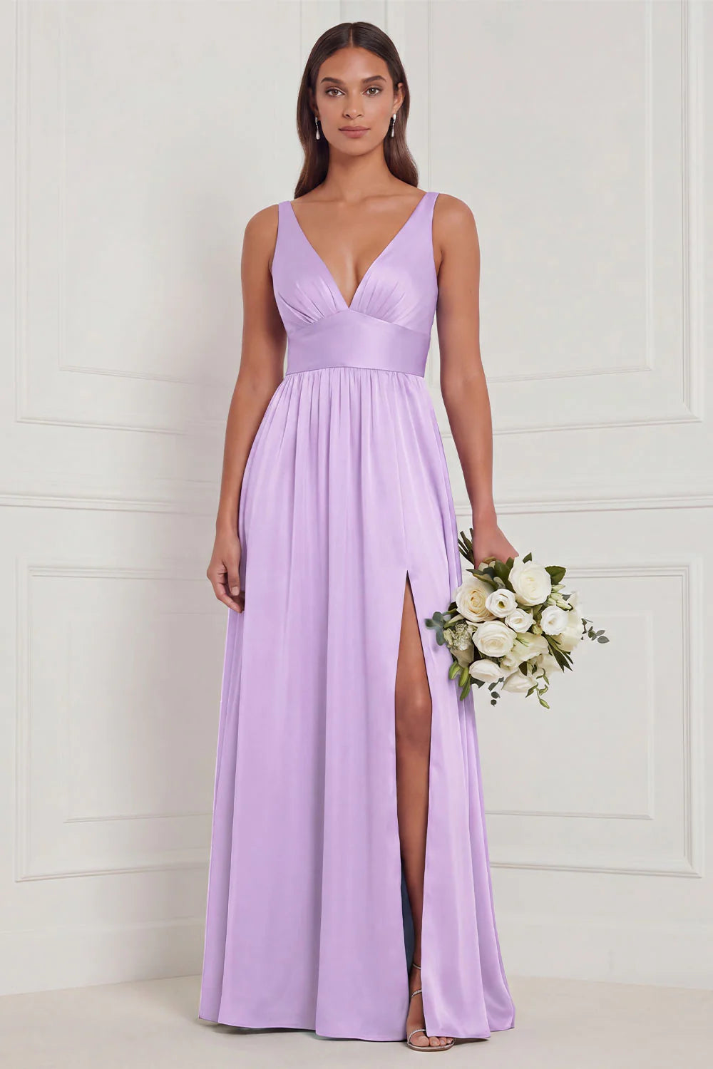 Dusty Blue A Line V Neck Bridesmaid Dress with Slit