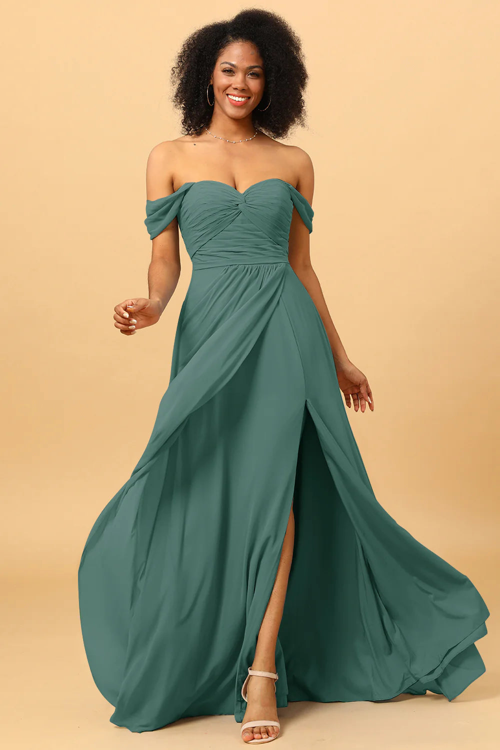 A Line Off the Shoulder Ruched Chiffon Floor Length Bridesmaid Dress with Slit