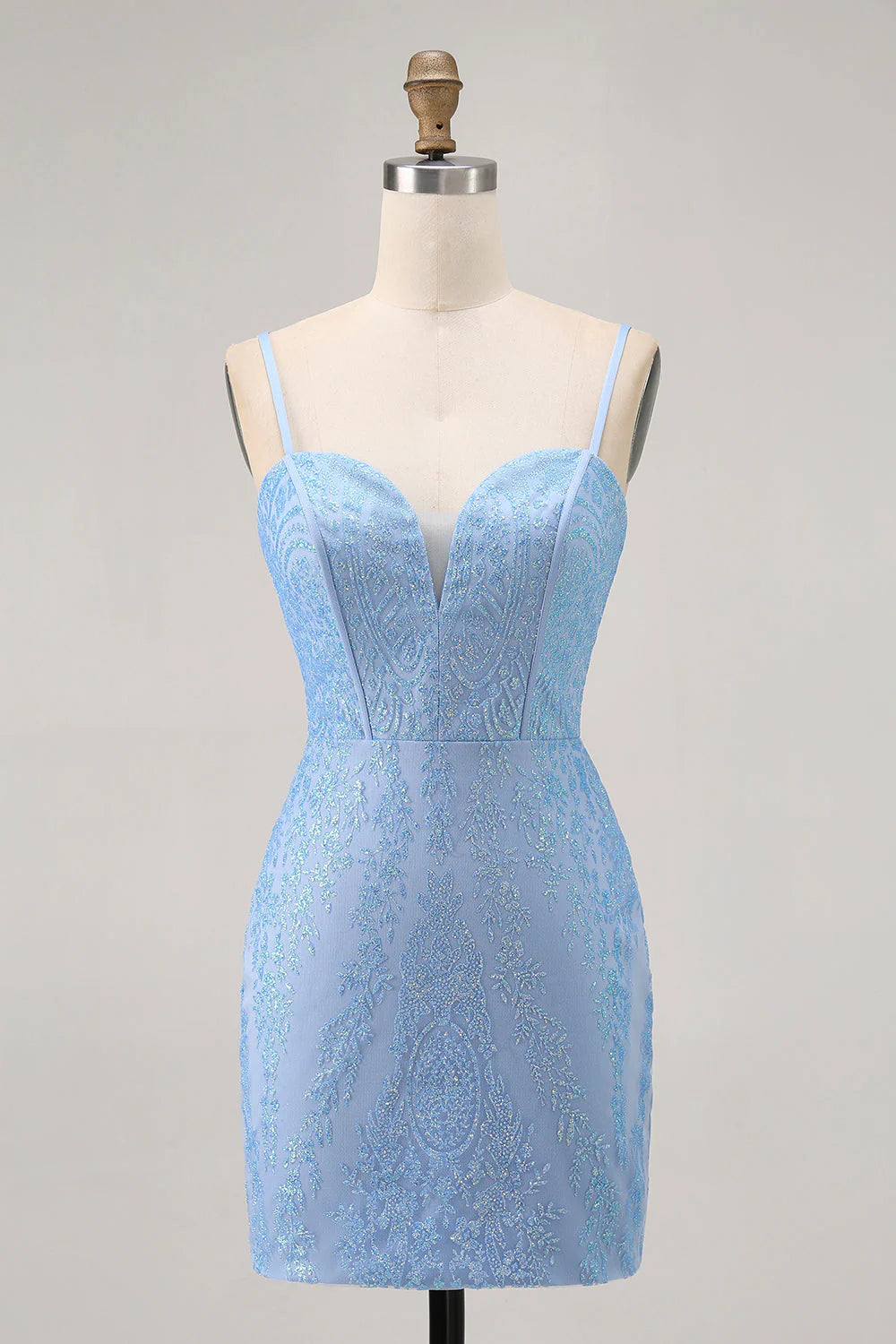 Blue Bodycon Strapless Beaded Short Homecoming Dress with Lace Up Back