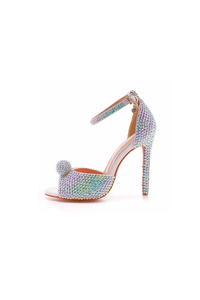 Rhinestone Embellished Open Toe Ankle Strap Stiletto Heels