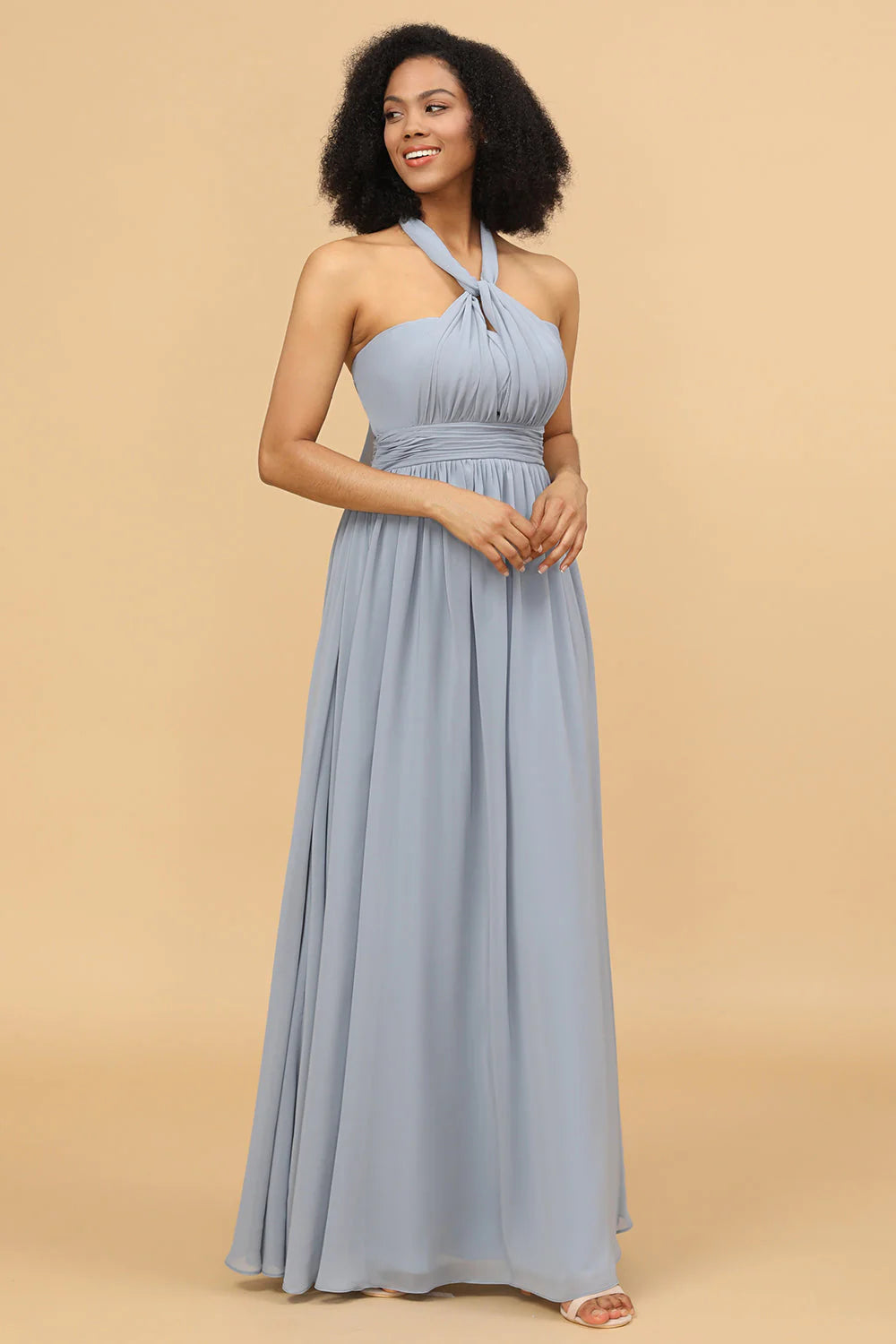 A Line One Shoulder V Neck Halter Neck Floor Length Grey Blue Bridesmaid Dress