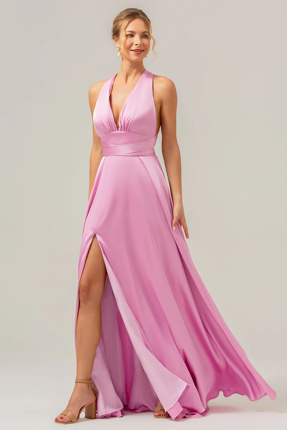 Pink A Line Deep V Neck Lace Up Back Long Satin Bridesmaid Dress with Slit