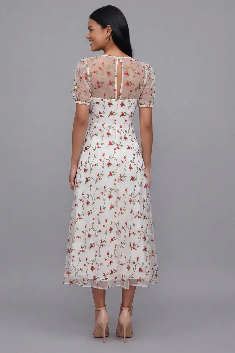 White Floral A Line Midi Wedding Guest Dress with Short Sleeves