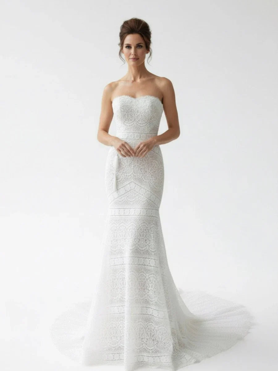 Vintage White Mermaid Lace Wedding Dress with Tassel