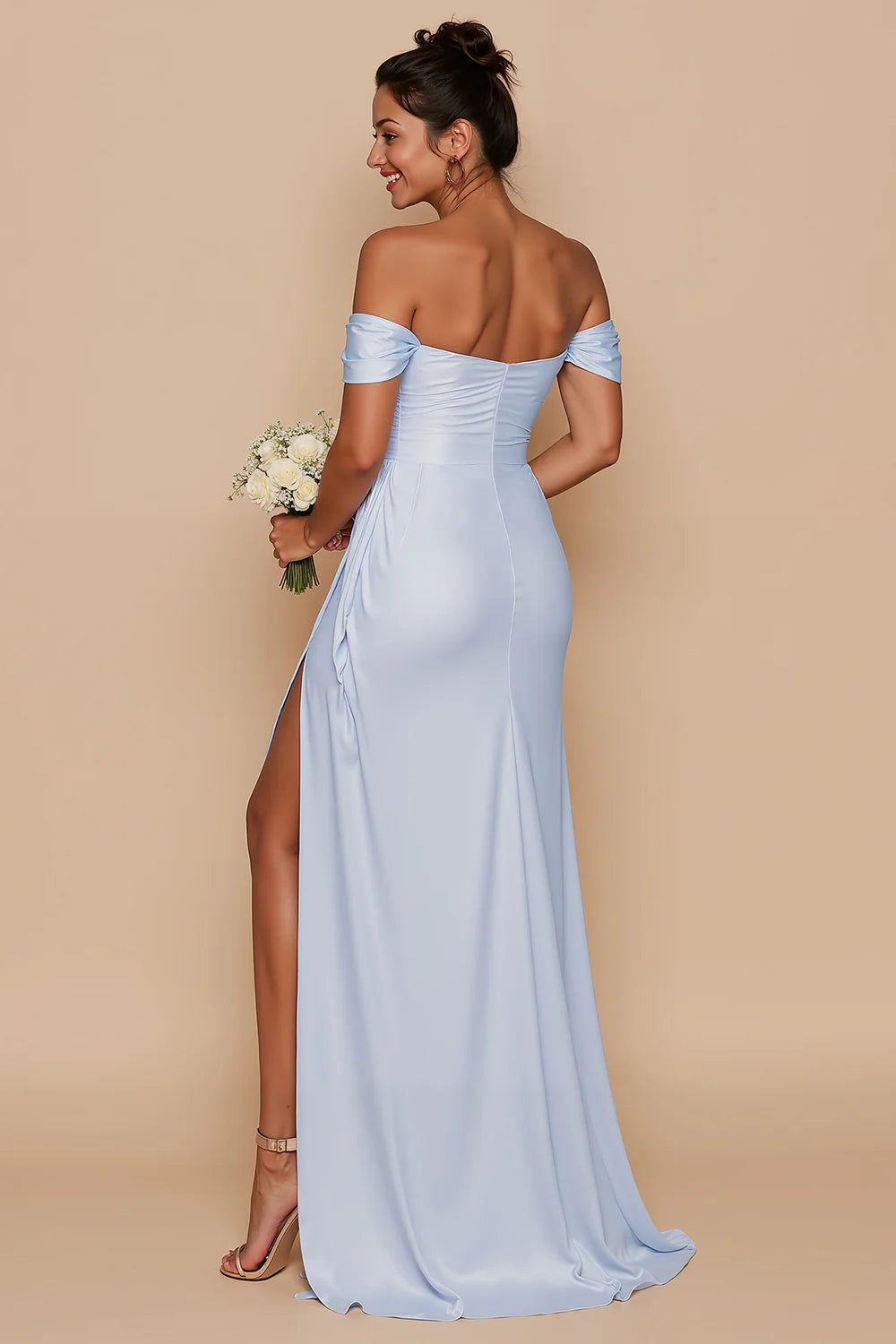 Sky Blue Off the Shoulder Mermaid Long Bridesmaid Dress with Slit