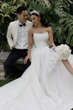 Elegant A Line Strapless Satin Wedding Dress with Slit
