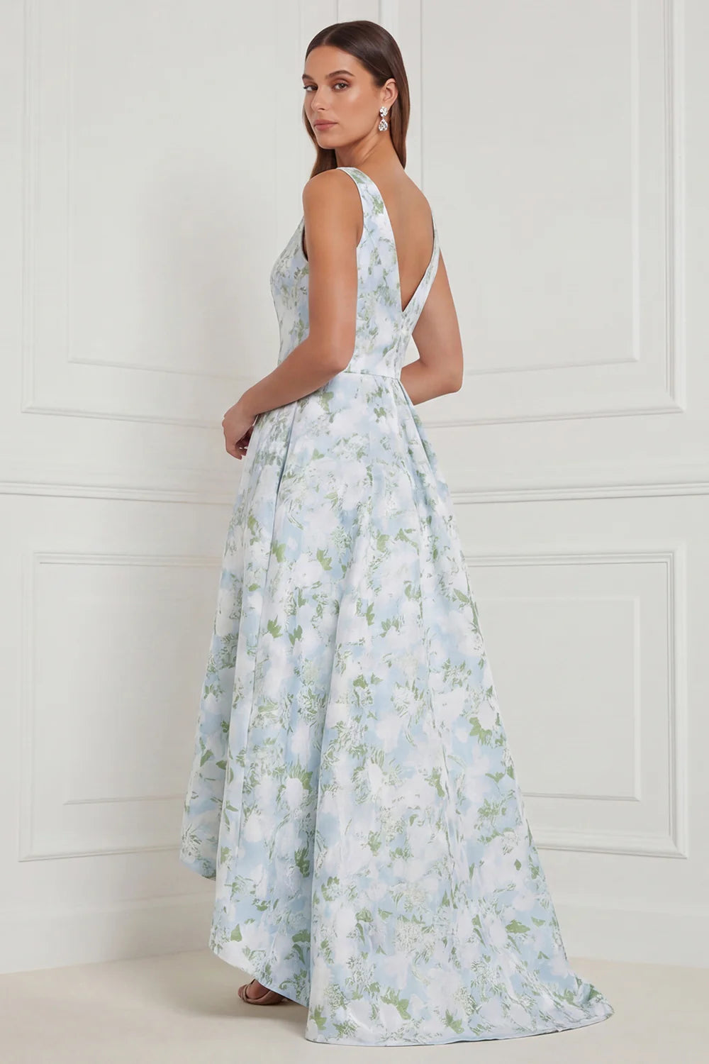 A Line Blue White Floral V Neck High Low Bridesmaid Dress