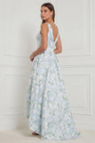 A Line Blue White Floral V Neck High Low Bridesmaid Dress