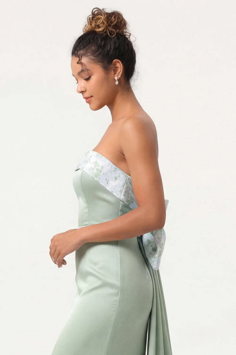Green Strapless Mermaid Long Bridesmaid Dress with Bow