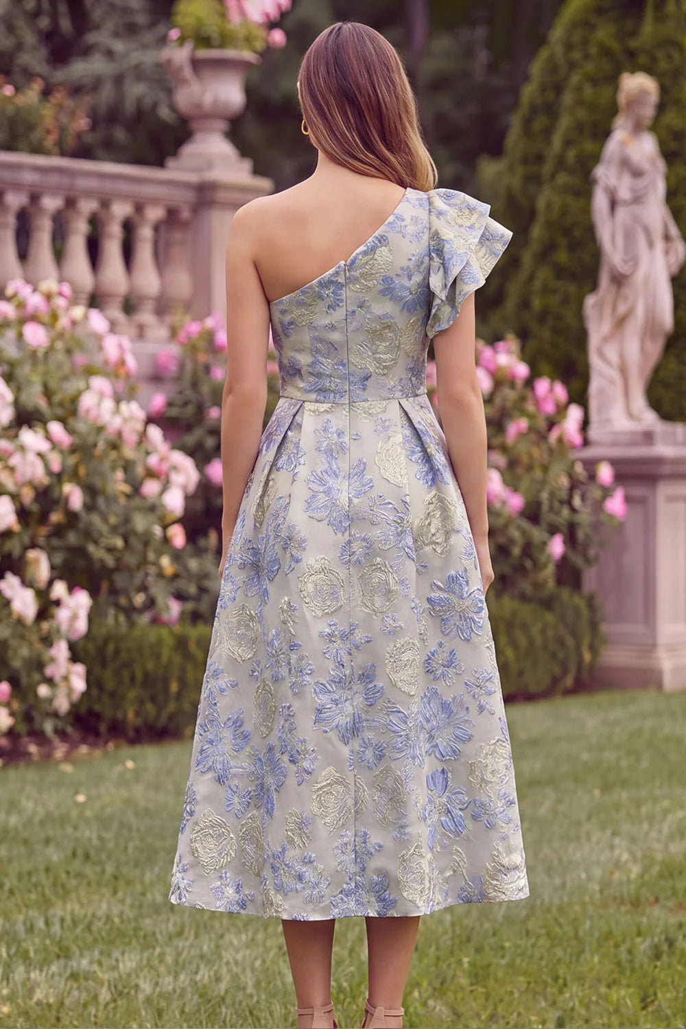 One Shoulder Floral Jacquard Light Blue A Line Midi Wedding Guest Dress