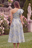 One Shoulder Floral Jacquard Light Blue A Line Midi Wedding Guest Dress