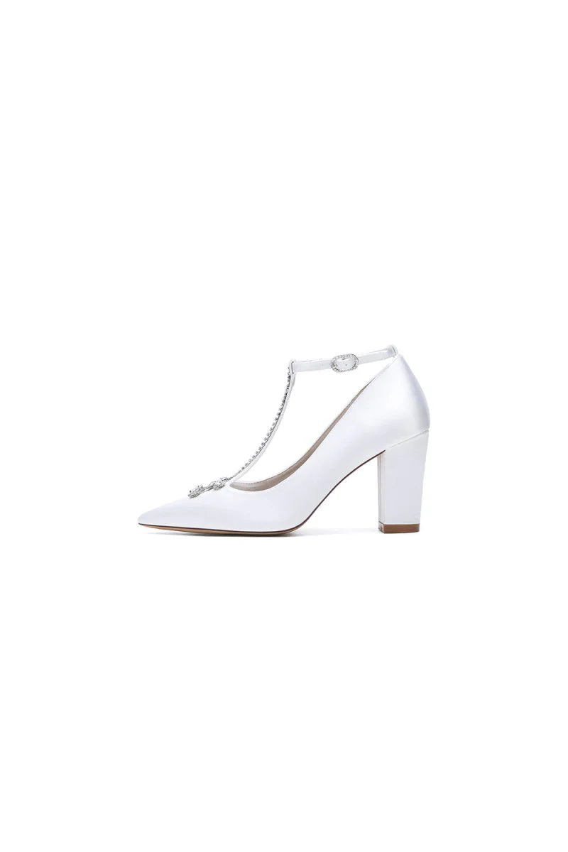 White Leather Pump with Silver Chain and Crystal Accent