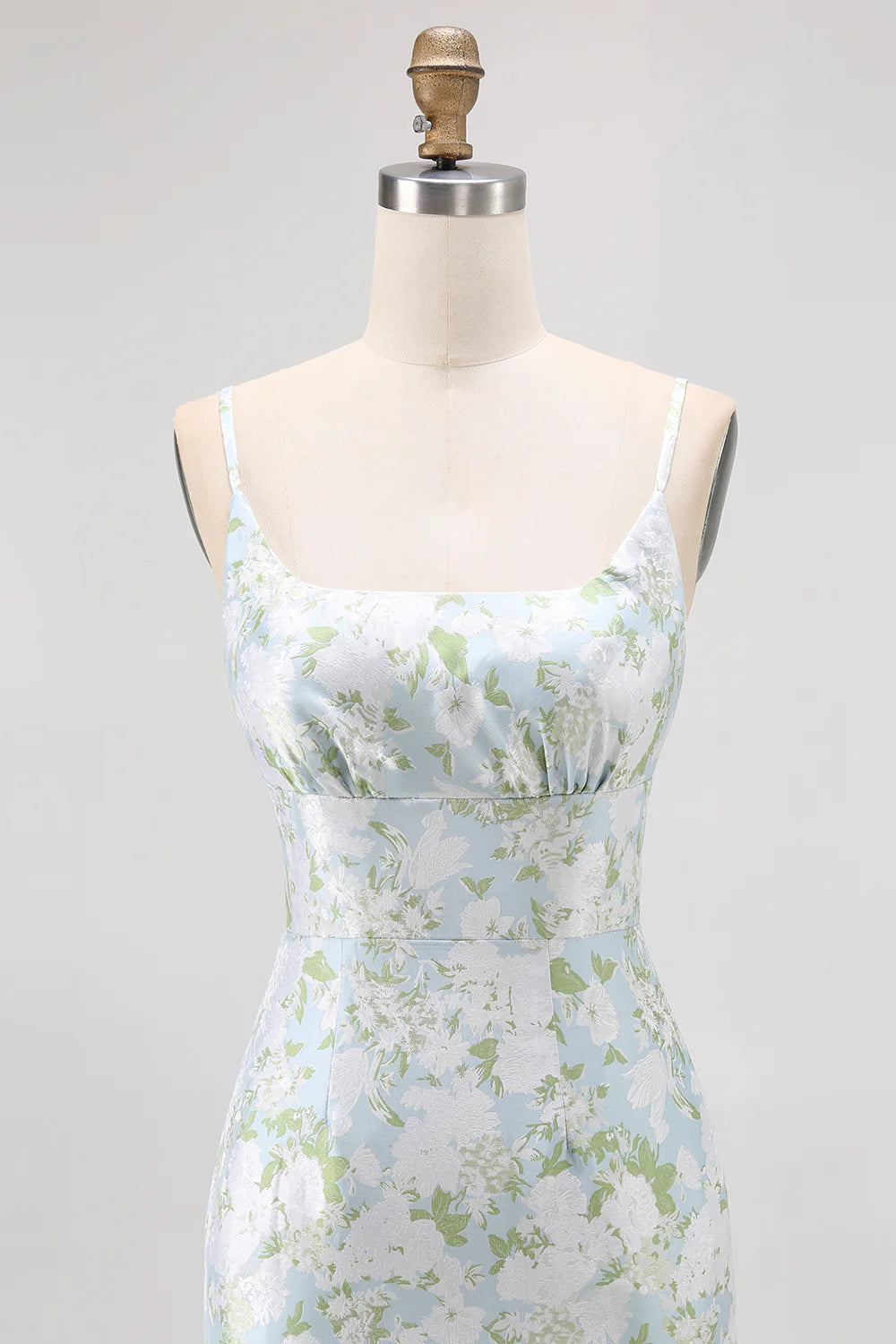 Sheath Blue White Flower Spaghetti Straps Print Long Bridesmaid Dress with Back Slit