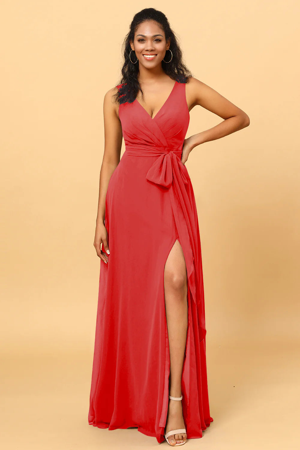 A Line V Neck Sleeveless Long Chiffon Bridesmaid Dress with Slit