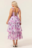 Purple Flower A Line Lace Up Back Tiered Print Midi Plus Size Dress with Straps Bows