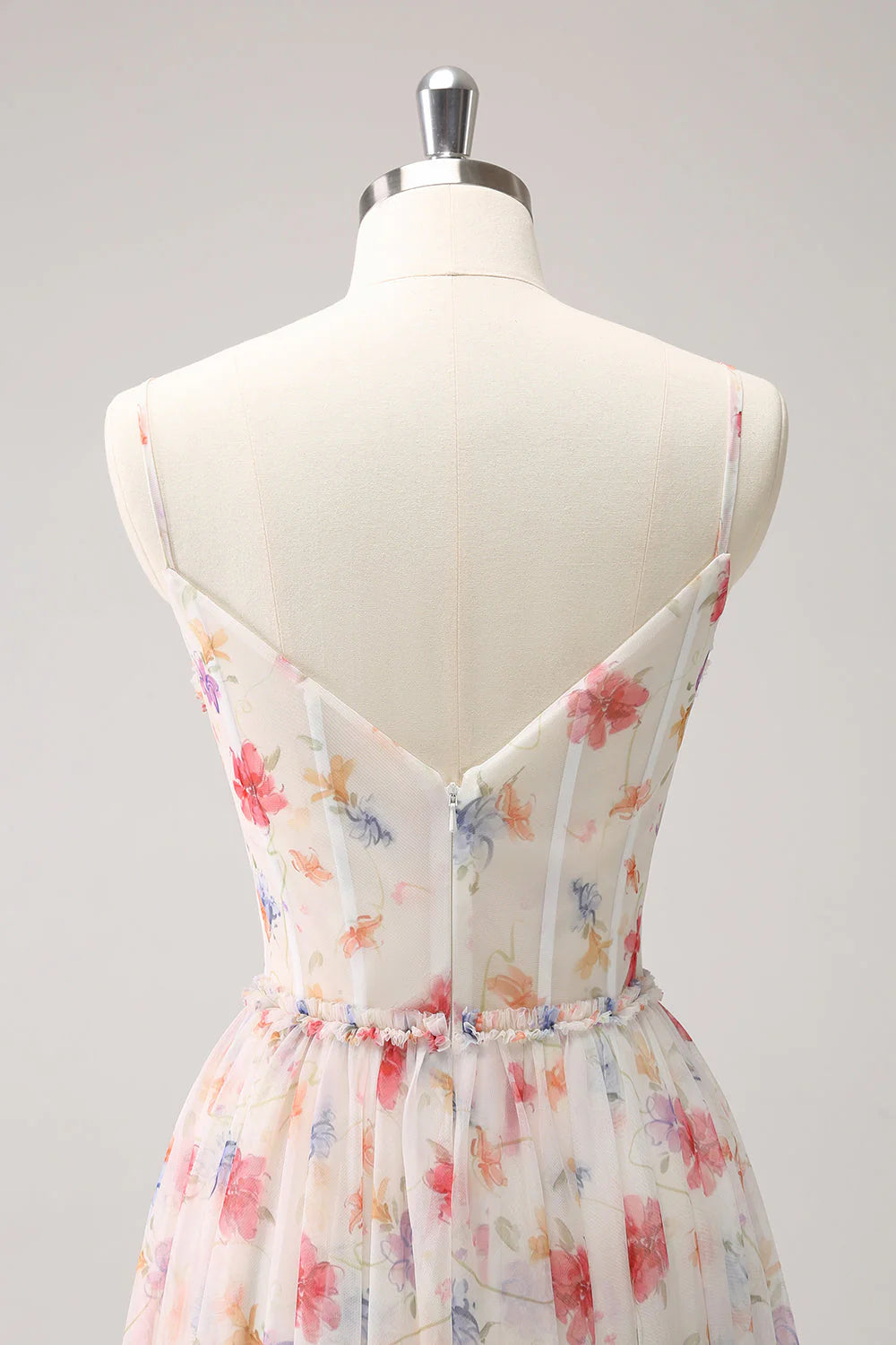 White Red Floral A Line Spaghetti Straps Ruched Corset Bridesmaid Dress
