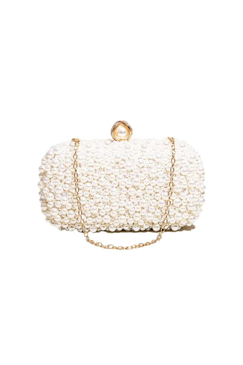 Womens White Pearls Beaded Evening Clutch Bags