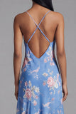 Blue Floral Spaghetti Straps A Line Midi Wedding Guest Dress