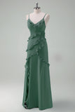 Eucalyptus Sheath Spaghetti Straps Long Ruffle Bridesmaid Dress with Slit