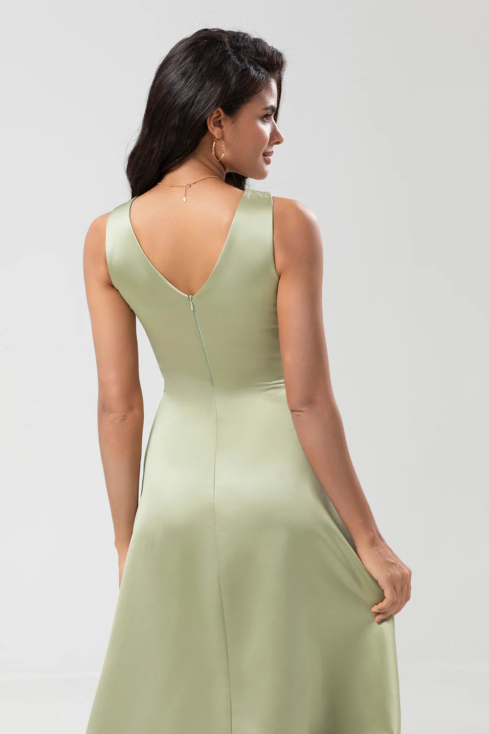 Dusty Sage A Line Floor Length Satin Bridesmaid Dress