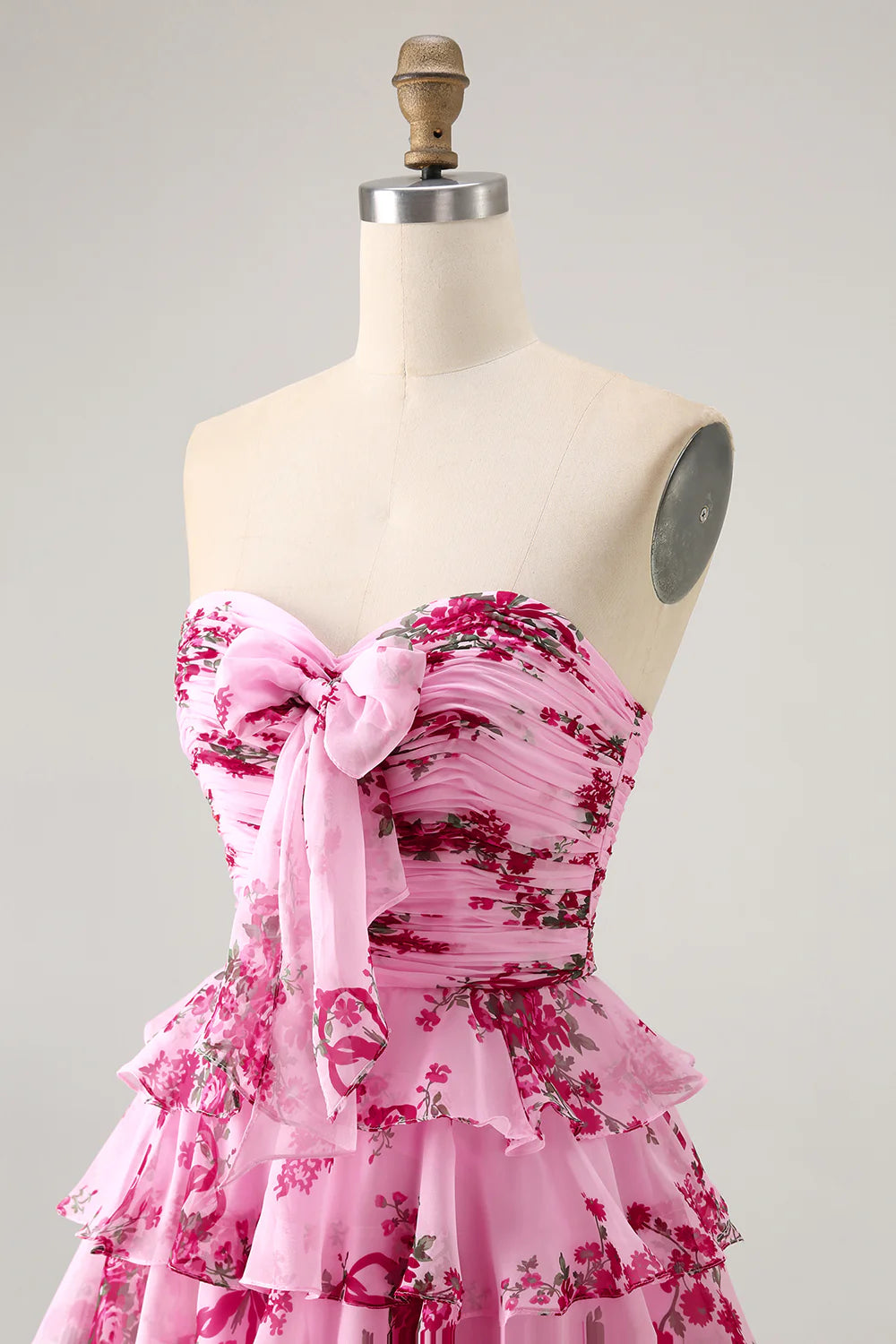 Strapless Pink Flower A line Tiered Short Homecoming Dress with Bow