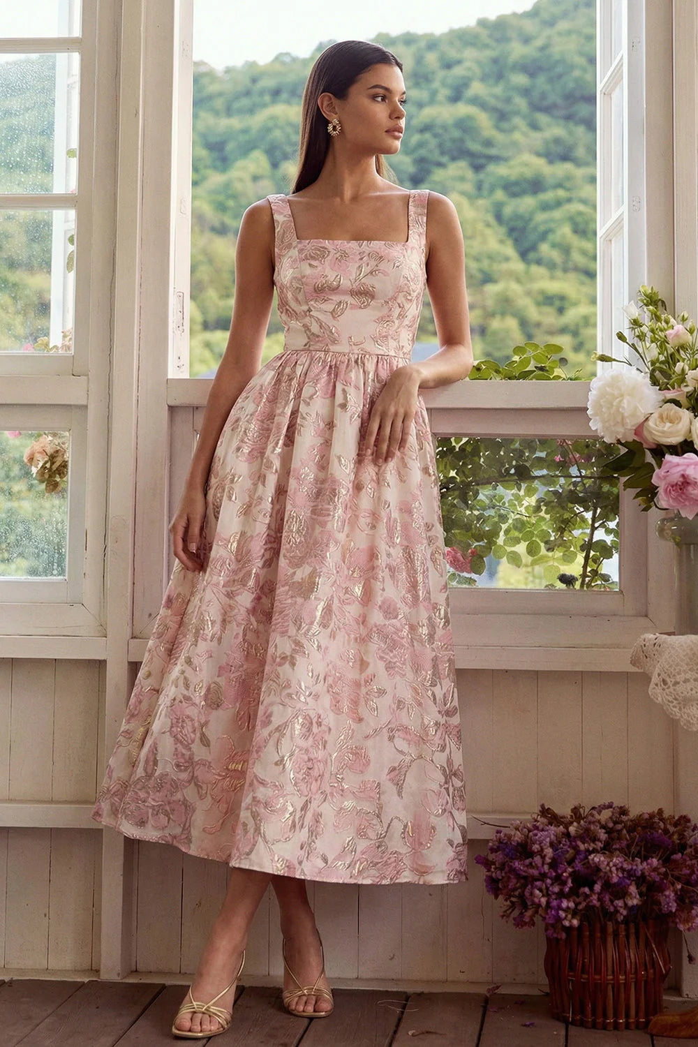 Blush Floral A Line Square Neck Brocade Midi Wedding Guest Dress