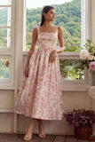 Blush Floral A Line Square Neck Brocade Midi Wedding Guest Dress